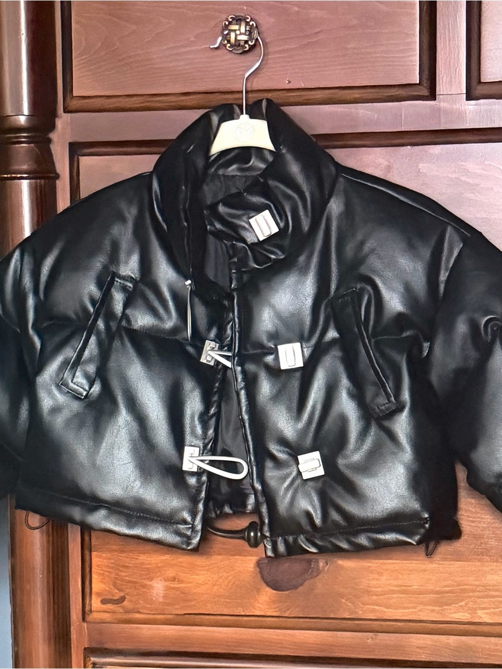 Black Cropped Puffer Jacket - Little Girl’s Faux Leather Coat